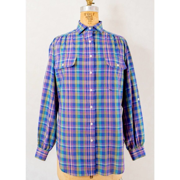 Vintage 80s prairie style, purple plaid button down shirt, women's small med - Picture 2 of 9